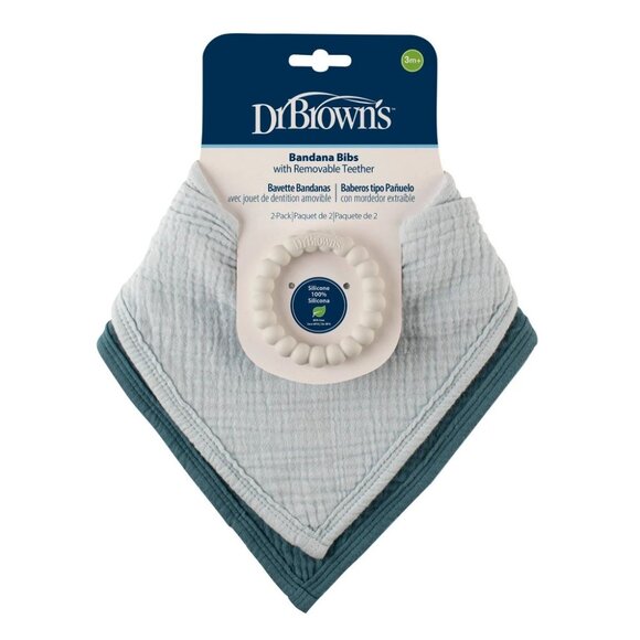 Dr. Brown's Muslin Bandana Bibs Flexees Silicone Beaded Teether Ring 2 pk Blue - Picture 1 of 3